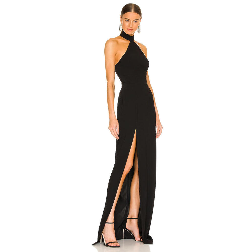 Amanda Uprichard Queen Gown Black Halter Long High Slit XS NWT $260 - Picture 2 of 11